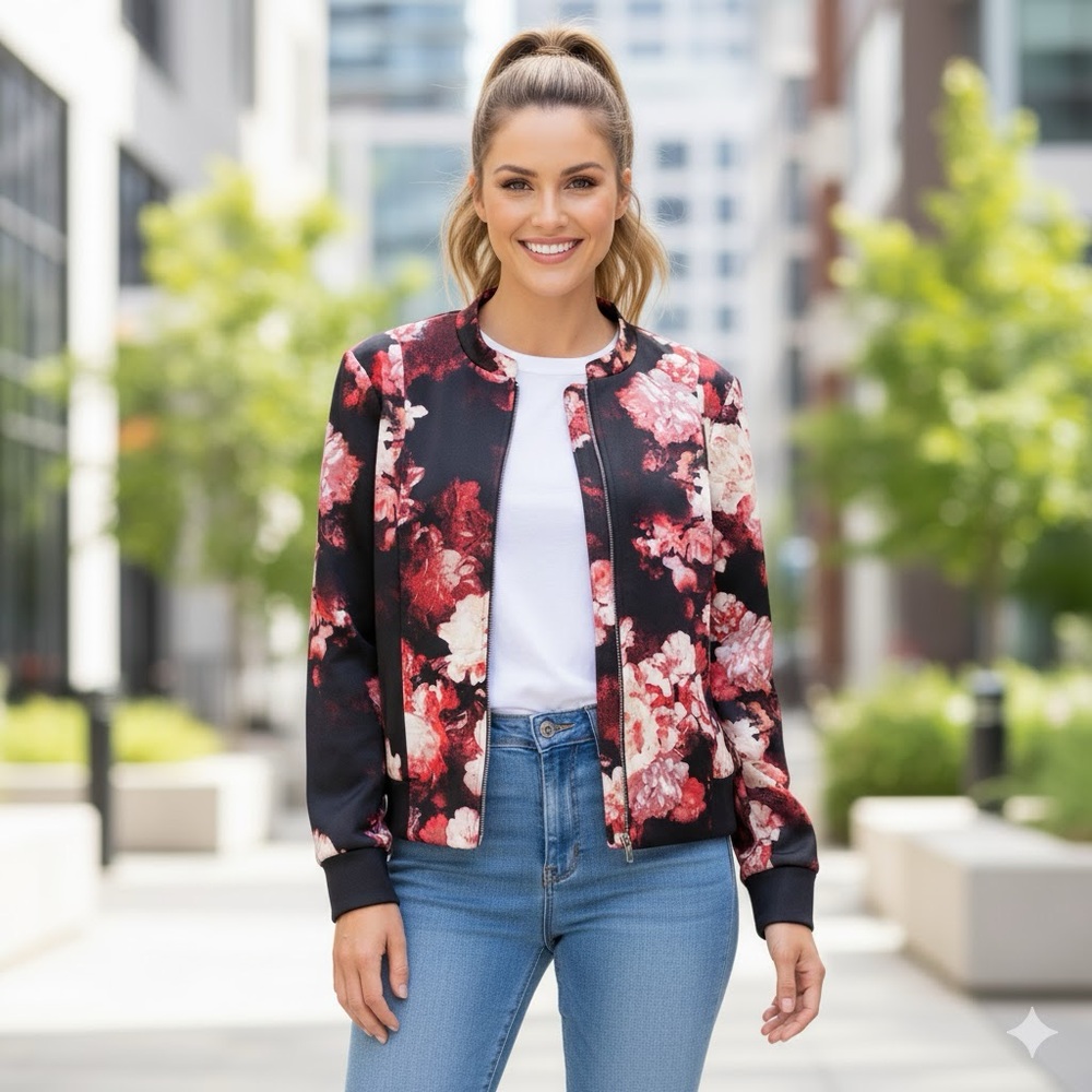 Floral Zip-Front Bomber Jacket Sz L